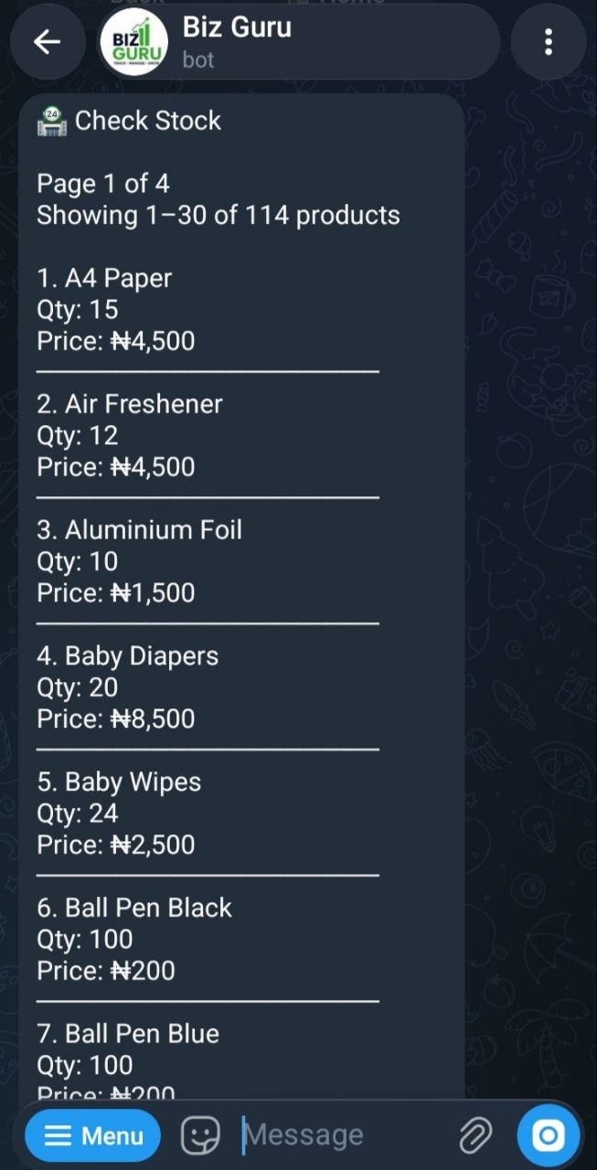 BizGuru check stock screen listing product quantities and prices