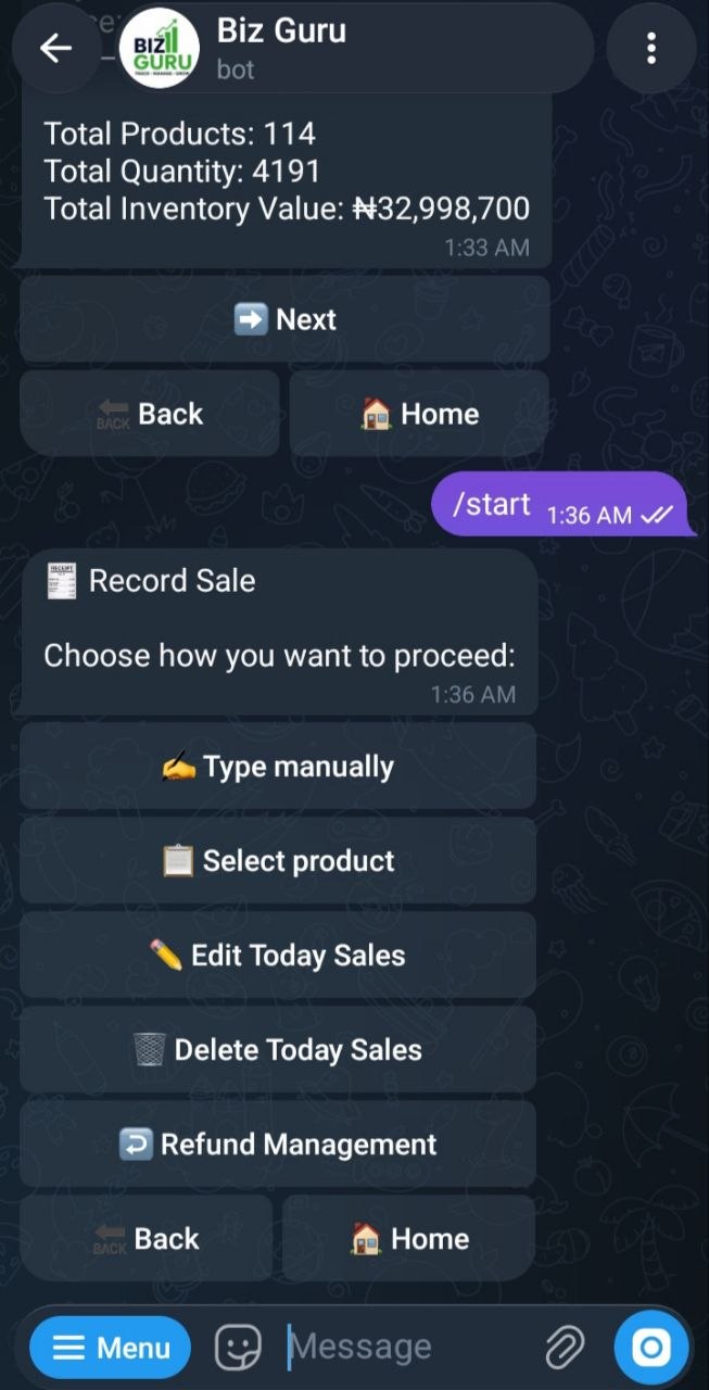 BizGuru record sale screen with manual, product selection, edit and refund options